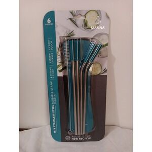 Stainless Steel Reusable Drinking Straws‎ 6 Piece Set Brush Carry Case Blue Gift